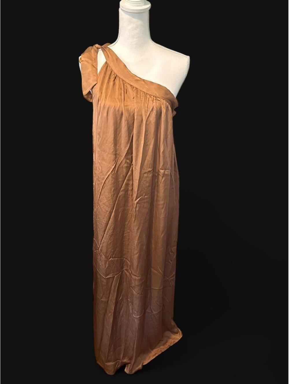 DIXIE Italian Brown Bronze One Shoulder Maxi Dress Y2K Boho Goddess M